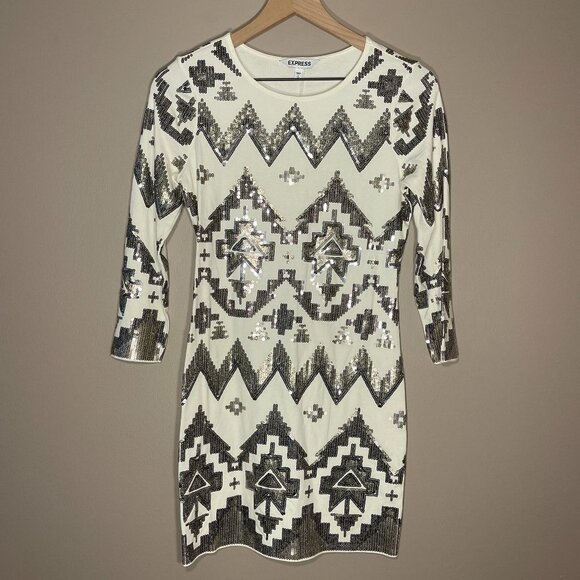 Women's S Express Geometric Sequin Aztec Dress Long Sleeve  Sheath Mini - Picture 2 of 7